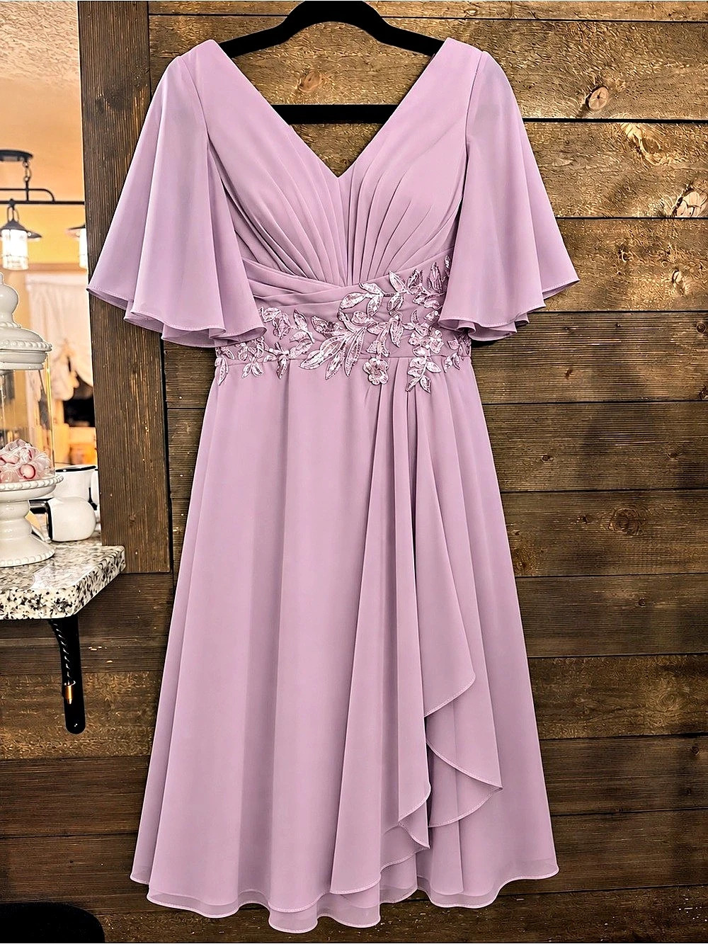 Flutter Sleeve Embellished Midi Dress Purple Size 6